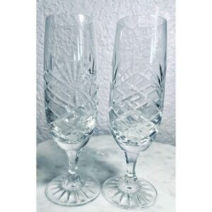 Vtg Crystal Champagne Flutes Set Of 2 Elegant‎ Toasting Glasses Starburst READ